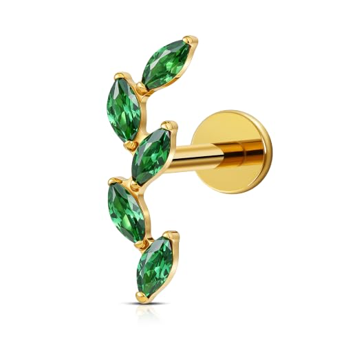 FINE4U 16G CZ Cluster Climber Cartilage Earring for Helix, Tragus - ASTM F136 Titanium Triple Marquise Labret Stud, Screw on Nickel Free Flat Back Jewelry - color: Five Marquise - Green CZ - Gold