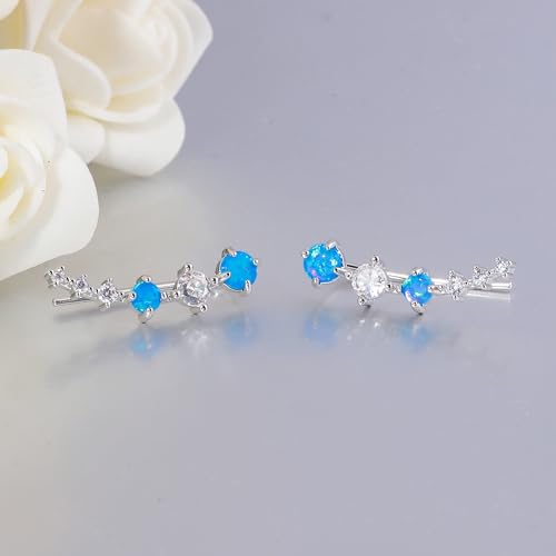 CiNily Star Opal Ear Cuffs Climber Earrings, 14K Gold CZ Ear Crawler Earrings for Women Small Cartilage Stud Earrings Fashion Hypoallergenic Jewelry Christmas Day Gifts, White Gold, Rose Gold - color: Silver-Blue Opal, size: Round Opal