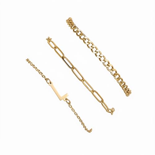 3PCS Gold Bracelet Set for Women, 14K Gold Plated Initial Letter Jewelry, Layered Paperclip and Cuban Chain Stack, Adjustable Stainless Steel Gift - style: Initial-L