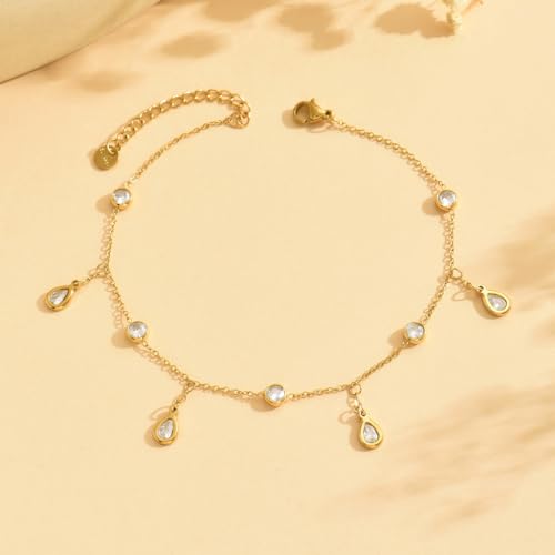 Gold Ankle for Women 18K Gold Plated Tennis Sapphire Paperclip Pearl Sequin Droplet Lip Link Chain Large Anklet Bracelets Simple Beach Summer Waterproof Foot Jewelry - color: Droplet CZ-Gold