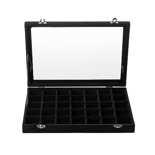 Frebeauty Velvet Jewelry Tray,35 Grid Jewelry Organizer with Clear Lid,Earring Holder Organizer Case with Clasp,Drawer Insert for Rings Studs,13.8 x 9.5 x 2 Inches,Gift for Women Girls(Black) | Drawer Jewelry Organizer for Rings Studs Beads,Adjustable Div