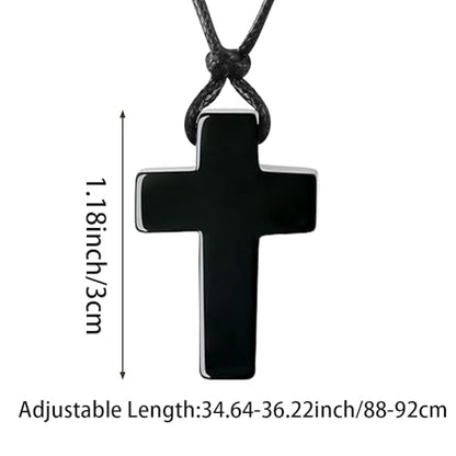 FANASY Natural Gemstone Pendant Necklace for Men Healing Crystal Pendant Adjustable Black Rope Necklace Jewelry Gifts for Women Men - color: X- Cross Obsidian