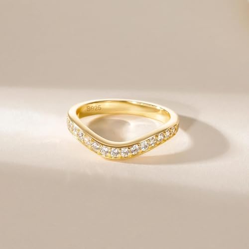 EAMTI 925 Sterling Silver Wedding Bands for Women Cubic Zirconia Wave Stackable CZ Curved Eternity Engagement Promise Gold Rings Size 4-10 - color: Sterling Silver-Gold