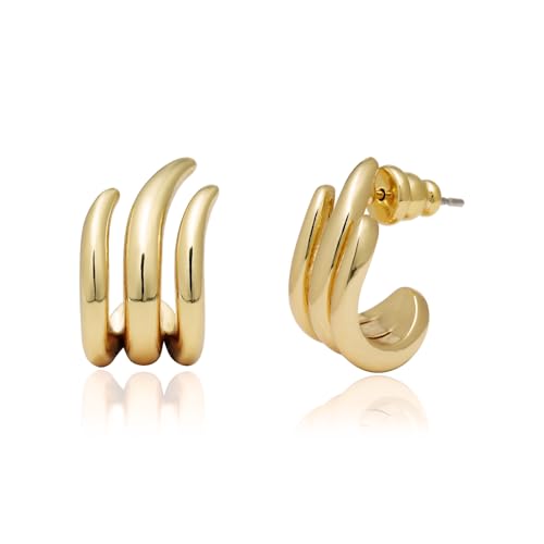 Obidos 14K Gold Plated Illusion Stud Earrings for Women | Triple Huggie Hoop Earrings for One Hole| Trendy Simple Hypoallergenic Fashion Accessories Gold Jewelry Gifts for Womens - color: Illusion Earrings-Yellow Gold