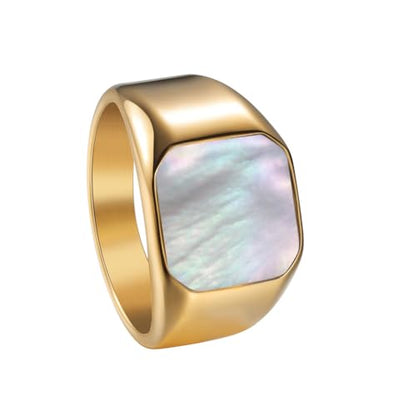 PAURO Men's Stainless Steel Minimalist Square Shell Stone Crystal Signet Ring Plated Glossy Wedding Band - color: Gold