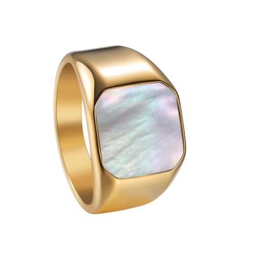 PAURO Men's Stainless Steel Minimalist Square Shell Stone Crystal Signet Ring Plated Glossy Wedding Band - color: Gold