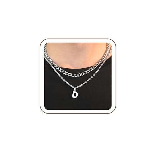 SENRAN Layered Initial A-Z Letter Necklace for Men Stainless Steel | Figaro Twist Rope Chain 18-20 inch Personalized Letter Charm Pendant Jewelry Gift for Women - style: D.