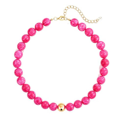 Colorful Chunky Beaded Necklaces for Women Multicolor Large Round Resin Beads Collar Necklace Boho Trendy Statement Chokers Y2K Summer Beach Jewelry - color: Hot Pink