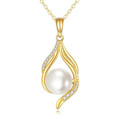 DOVRAN 14k Gold Pearl Necklace for Women Solid Gold Freshwater Pearl Pendant 8mm Pearl Jewelry Gift Christmas