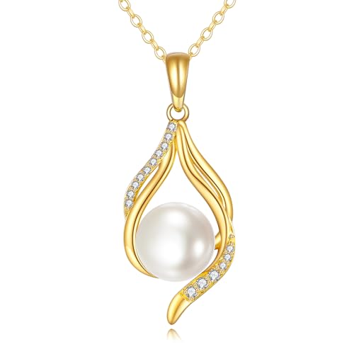 DOVRAN 14k Gold Pearl Necklace for Women Solid Gold Freshwater Pearl Pendant 8mm Pearl Jewelry Gift Christmas