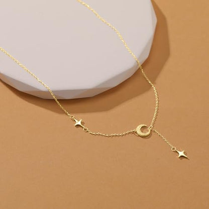 Dainty Crescent Moon Star Necklace for Women 925 Sterling Silver Y Shape Drop Lariat Necklace Trendy Pendant Choker Necklace Jewelry Birthday Ramadan Mothers Day Jewelry Gifts - color: Gold