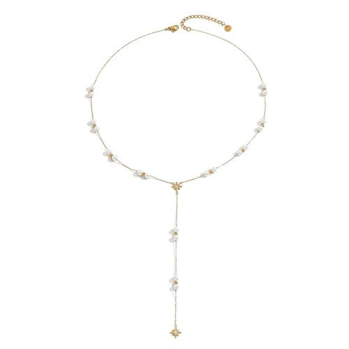 Dainty 18K Gold Plated Lariat Necklace for Women Delicate Y Chain Rose Pearl Diamond Long Drop Necklace Layering Bridal Jewelry Gift - color: Pearl Star-Gold