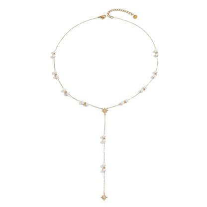 Dainty 18K Gold Plated Lariat Necklace for Women Delicate Y Chain Rose Pearl Diamond Long Drop Necklace Layering Bridal Jewelry Gift - color: Pearl Star-Gold