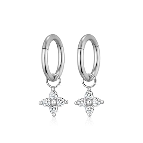 Ourania 16G Gold Stainless Steel Zircon Dangle Huggie Hoop Rook Piercing Helix Hoop Earring Tragus Hoop Cartilage Piercing for Women - color: Round Flower Silver 2PCS, size: 1.2*6mm 2pcs