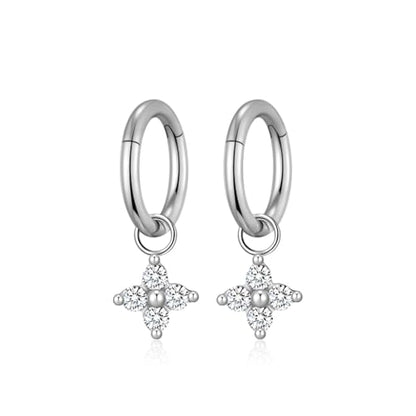 Ourania 16G Gold Stainless Steel Zircon Dangle Huggie Hoop Rook Piercing Helix Hoop Earring Tragus Hoop Cartilage Piercing for Women - color: Round Flower Silver 2PCS, size: 1.2*6mm 2pcs