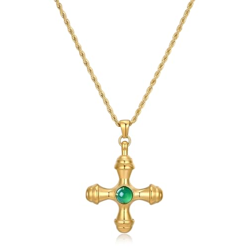 NUZON Sunburst Heart / 2-Tone Interlocking/CZ Evil Eye/Single Pearl/Love Heart Pendant Necklace for Women 14K Gold Chain Necklace Chunky Statement Jewelry - color: Green Agate Cross