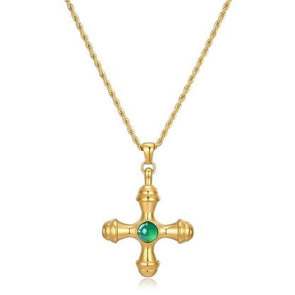 NUZON Sunburst Heart / 2-Tone Interlocking/CZ Evil Eye/Single Pearl/Love Heart Pendant Necklace for Women 14K Gold Chain Necklace Chunky Statement Jewelry - color: Green Agate Cross