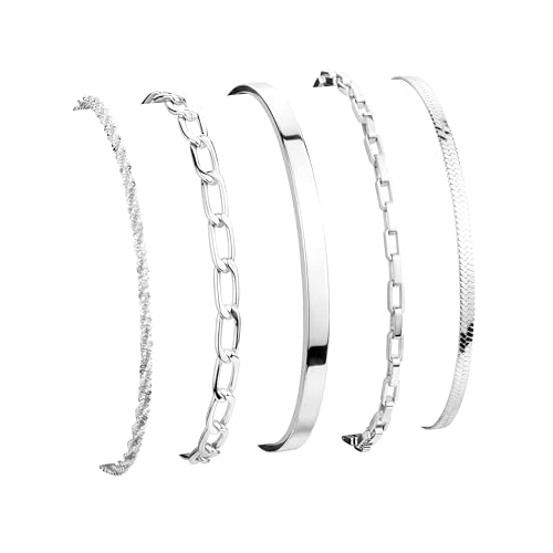 Dainty Gold Bracelet for Women Trendy Non Tarnish, Thin Bracelets Stackable Set with Bangle Cuff, Box, Herringbone, Paperclip, Figaro, Sparkling Link Chains Waterproof, Simple Jewelry Gifts for Women - color: style 03-silver