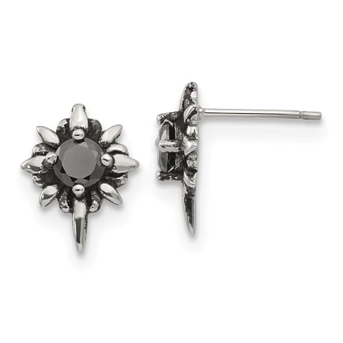 Diamond2Deal Stainless Steel Antiqued and Polished with Black Cubic Zirconia Stud Earrings Len-0.6 In, Wid-0.14 In
