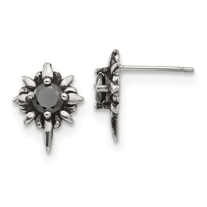 Diamond2Deal Stainless Steel Antiqued and Polished with Black Cubic Zirconia Stud Earrings Len-0.6 In, Wid-0.14 In