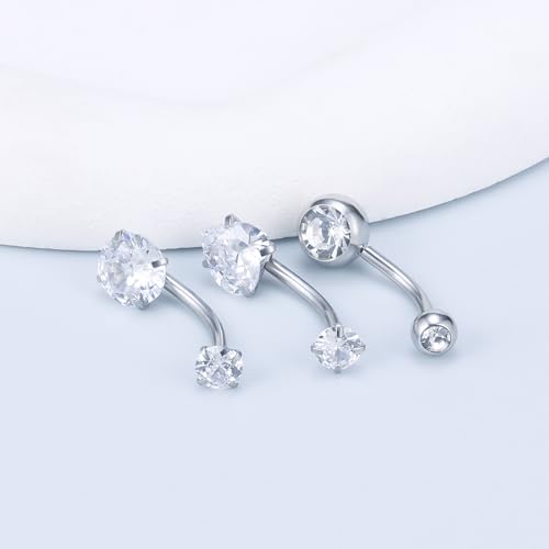 Vsnnsns 14G Dangle Belly Button Ring Piercing Jewelry 316L Stainless Surgical Steel Round Heart Cubic Zirconia Navel Rings Dangling Belly Button Ring Piercing Jewelry for Women 14 Gauge Hypoallergenic - color: Silver-16MM Bar-Clear CZ