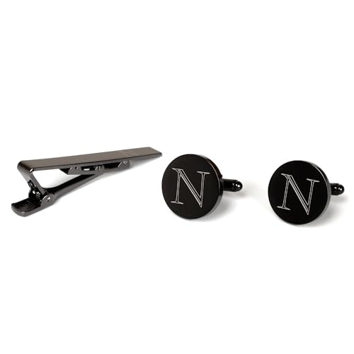 Mens Initial Cufflinks and Tie Clip A-Z Alphabet Letter Black Stainless Cuff Links Tie Bar with Engraved Walnut Wood Box Groom Groomsman Wedding Set - style: Classic-N
