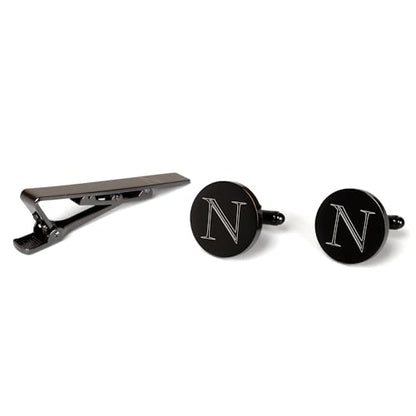 Mens Initial Cufflinks and Tie Clip A-Z Alphabet Letter Black Stainless Cuff Links Tie Bar with Engraved Walnut Wood Box Groom Groomsman Wedding Set - style: Classic-N