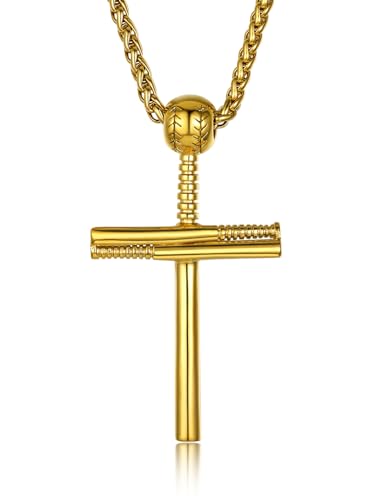 GOLDCHIC JEWELRY Sport Necklaces for Men Teen, Football Baseball Soccer Basketball Softball Necklaces with Stainless Steel Chain Athlete Jewelry Sports Fan Gift - color: Baseball Cross-Gold, style: NO Engraving