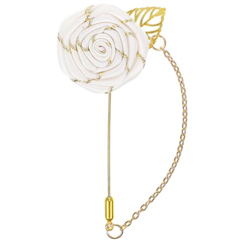 Gold Lapel Pin for Men, Gold Foil Brooch Men's White Flower Satin Lapel Pin with Metal Chain for Suits Professional Tuxedo Groom Wedding Brooch - color: White