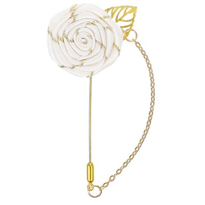 Gold Lapel Pin for Men, Gold Foil Brooch Men's White Flower Satin Lapel Pin with Metal Chain for Suits Professional Tuxedo Groom Wedding Brooch - color: White