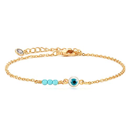 MEVECCO Dainty Chain Bracelets for Women, Layered and Charm Styles | 14K Gold Plated Brass, Select Cubic Zirconia Accents, Single and Multi-Row Structures for Refined Everyday Wristwear - style: Evil Eye Turquoise Bead