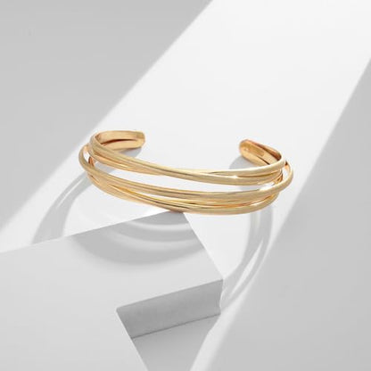 Gold Cuff Bracelet for Women Chunky Multi-layer Cross Wire Open Bracelet Hollow Wide Cuff Bracelets Adjustable Gold Open Cuff Bangle Bracelet - color: Wire Hollow Matte Gold Bracelet