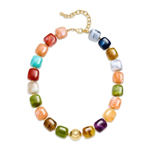 Chunky Colorful Beaded Choker Necklace for Women, Summer Beach Statement Resin Beads Necklace, Trendy Womens Summer Beach Jewelry Birthday Gifts for Vacation Holiday - color: Square Colorful Bead