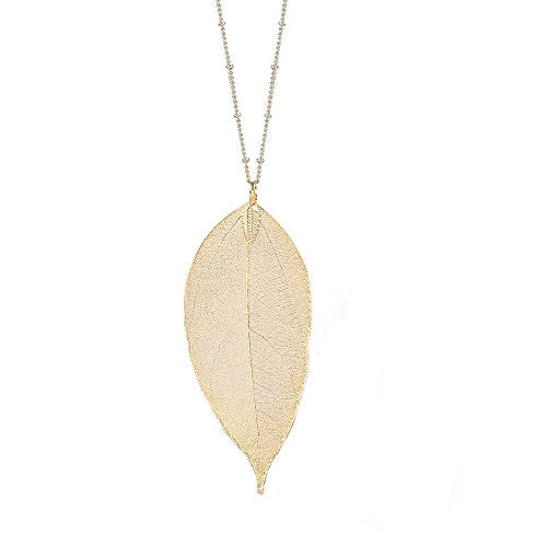 Filigree Long Leaf Pendant Dangle Necklace and Earring Jewelry Set | Beautiful Fashion Delicate Long Leaf Necklace Earrings For Women Trendy Boho - color: E-14K Gold Necklace