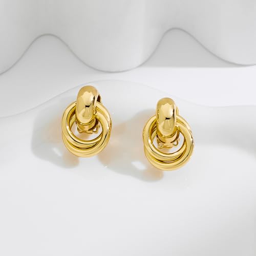 Gold Geometric Clip On Earrings for Women Chunky Gold Knot Link Clip Earrings Trendy Jewelry - color: Gold-E