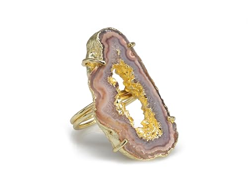 Ring Geode Druzy Slice Unique And Stylish Statement Gold Plated Jewelry Natural Gemstone Stone size 25-35 mm Approximately Adjustable Shank US Scale Size 6-9 - color: Orange