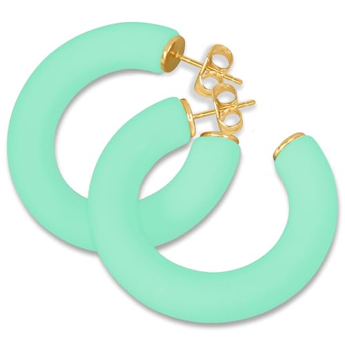 Gold Plated Multicolor Resin Chunky Thick Open Hoop Earrings in 57MM and 37.5MM Diameters - color: Green - Mint Green - Matte Finish, size: 37.5MM (1.48") Diameter