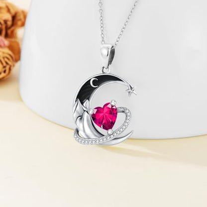 I Love You to the Moon and Back Necklace 925 Sterling Silver Black Crescent Moon Star Pendant with Heart Birthstone Necklace Anniversary Gothic Jewelry Gifts for Women Wife Lovers - color: 07-Jul-Ruby