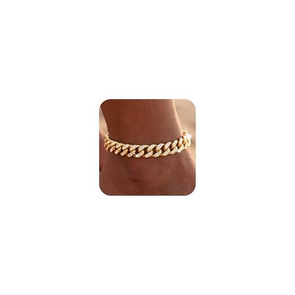 Width-12mm Chunky Cuban Link Ankle Bracelets for Women Waterproof, 18K Gold/Silver Plated Anklets Cubic Zirconia Adjustable Thick Chain Trendy Beach Summer Fashion Jewelry Gift - style: Style 2