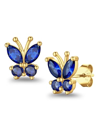 Suplight Butterfly Stud Earrings 925 Sterling Silver 14K Gold Brithstone Earrings for Women Brithstone Jewelry Gifts - color: 09.September ( Sapphire), size: Gold