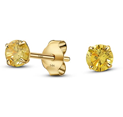 Solid 14K Yellow Gold Round Solitaire Simulated-Birthstone Minimalist Stud Earring - color: 11-November, size: 3mm