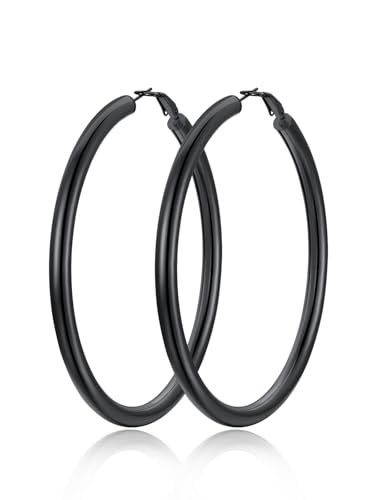 FindChic Hoop Earrings for Women, Silver/Black/14K Gold Plated Hypoallergenic Hollow Round Tube Loop Earrings, 20mm/30mm/40mm/60mm/80mm Chunky Hoops with Custom Name Options & Gift Box - color: a.Black, size: 60MM