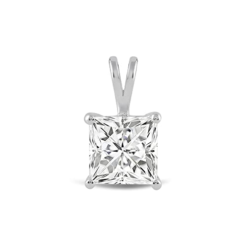 Everyday Elegance Solid 14K Gold Cubic Zirconia Solitaire Pendant Necklace for Women Heart, Princess, Round, Oval, Emerald, Pear & Cushion Cut 1 or 2 CTW | .60mm Thick 16" 18" Length Box Link Chain - color: 14K White Gold, size: Pendant Only - 2.0 CTW, st