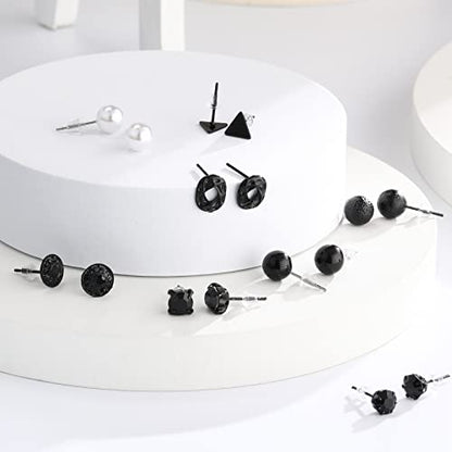 BBTO 24 Pairs Stud Earrings Crystal Pearl Earring Set Ear Stud Jewelry for Women Men - color: Black