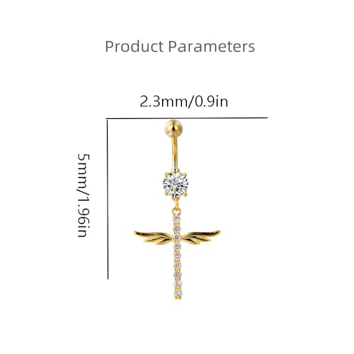 14G Crystal Wing Dangle Belly Button Ring for Women Cubic Zirconia Belly Curved Navel Barbell Dangle Piercing Sparkling Body Piercing Jewelry - color: Gold