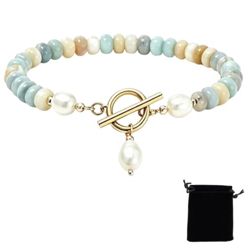 Elova Turquoise Bead Pearl Bracelet, Dainty Handmade Beaded Jewelry | Dainty, Colorful Stackable, Boho Summer Beach, Toggle Clasp, Gift for Women - color: 1pc#Gold