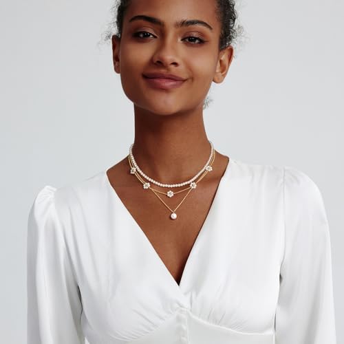 Zeffy Gold Pearl Necklace for Women, Dainty 14K Gold/Silve Plated Layered Pearl Choker Pearl Earrings Pearl Bracelets Wedding Trendy Gold Jewelry Set for Women Gifts - style: Gold Daisy Pearl Necklace-3PCS