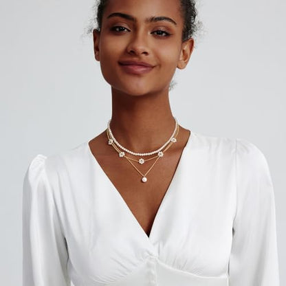 Zeffy Gold Pearl Necklace for Women, Dainty 14K Gold/Silve Plated Layered Pearl Choker Pearl Earrings Pearl Bracelets Wedding Trendy Gold Jewelry Set for Women Gifts - style: Gold Daisy Pearl Necklace-3PCS