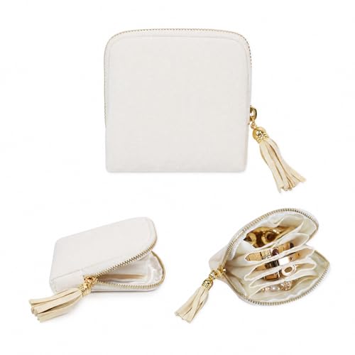 Stratalife Small Travel Jewelry Case, Velvet Storgae Pouch | Portable Jewelry Organizer for Gemstones Healing Crystal & Bracelets Bangles, 6 Pouches Ring Holder with Zipper, White Tassel - color: White