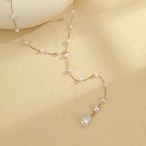 Gold Pearl Back Drop Necklace for Women Long Lariat Y Back Chain with Teardrop Pendant Bridal Wedding Backdrop Body Jewelry for Backless Dress